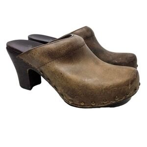 Dansko 38 Brown Leather Wooden Clog Chunky Comfort Boho Rae Heel Orthopedic